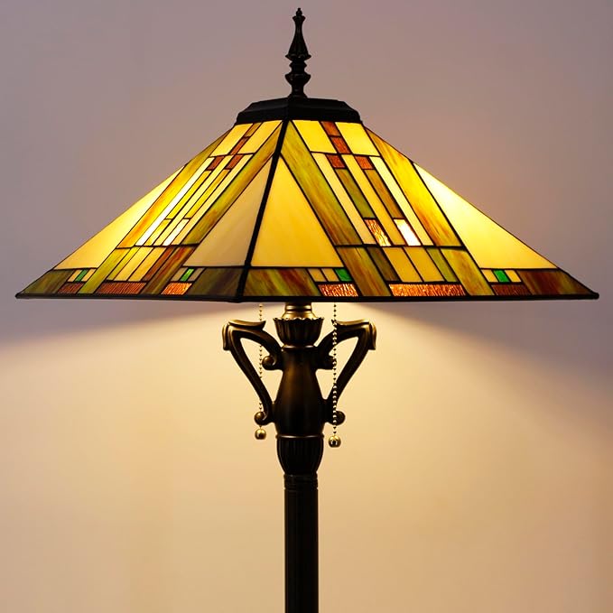 Tiffany Floor Lamp Blue White Brown Mission Style Stained Glass Standing Reading Light 16X16X64 Inch - Bloomnest