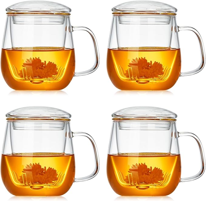 Glass Teacups 4 Pack Glass Tea Cup with Infuser and Lid, 17.6oz/520ml Large Borosilicate Teacup,Tea Clear Mug Cup for Loose Leaf Blooming Tea, Microwave & Dishwasher Safe - Bloomnest