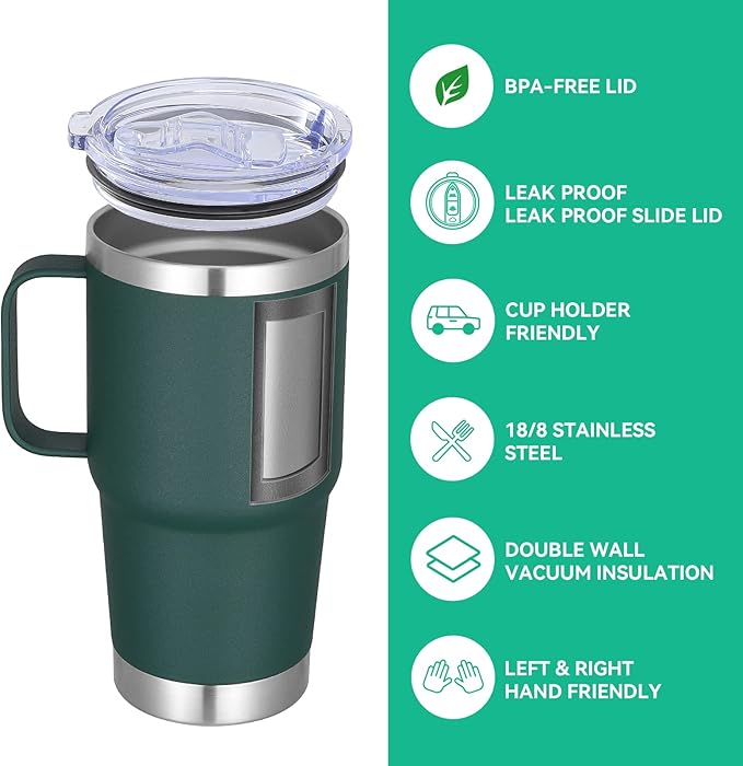 VEGOND 20 oz Tumbler Bulk with Handle Lid and Straw, Stainless Steel Insulated Travel Coffee Mug Set, Spill Proof Double Wall Metal Tumblers Cups, Dark Green 6 Pack - Bloomnest
