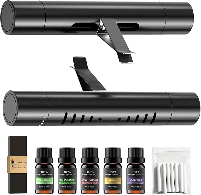 2pcs Car Air Freshener Diffuser Vent Clips, Premium Gift Set with 5 Different Essential Oil (0.34oz Each) & 12 Refill Sticks, Car Diffuser Packaging for Office, Kitchen, Bathroom - Bloomnest
