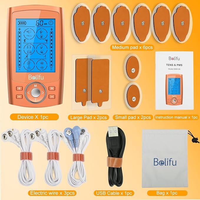 Belifu TENS Unit PMS Massager 24 Modes Muscle Stimulator, Electronic Tens Machine for Neck, Back, Arms & Chronic Pain Relief Belifu