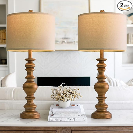 BOBOMOMO 27" Antique Gold Table Lamps Set of 2, Elegant Large Resin Lamps with Linen Shades, Gold Traditional Lamps for Bedroom, Living Room, or Console Table, Classic Vintage Décor - Bloomnest