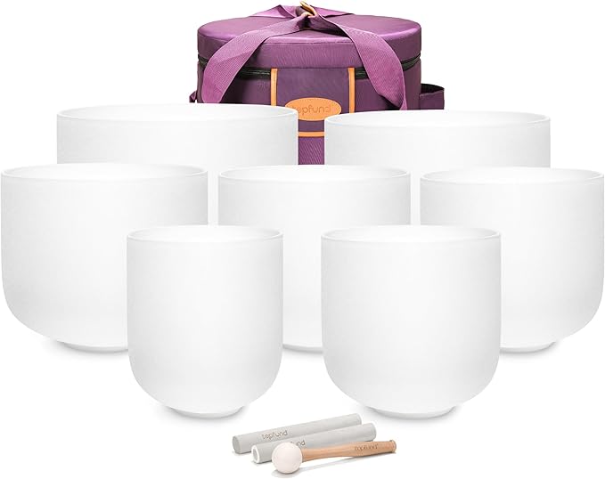 TOPFUND 6-12 inch 432Hz Chakra Set of 7 Crystal Singing Bowls with Heavy Duty Carrying Case and Mallets - Bloomnest