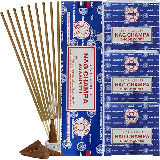 Nag Champa Incense Sticks 100g and Cones Variety Pack with Burner Holder Bundle from Satya Incense 100g Trumiri for Smudging and Aroma