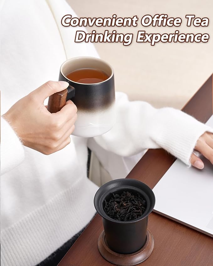 ZENS Tea Mug with Infuser and Lid for Loose Leaf Tea Steeper, 14.5 oz Embossed Ceramic Tea Cup with Fine Strainers and Wood Handle, Diffusers Accessories for Tea Lovers Gifts