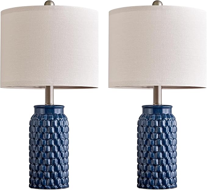20.5 inches Modern Ceramic Dark Blue Bedside Lamp Set of 2 for Bedroom Decor Farmhouse Table Lamp for Living Room Office Dorm - Bloomnest