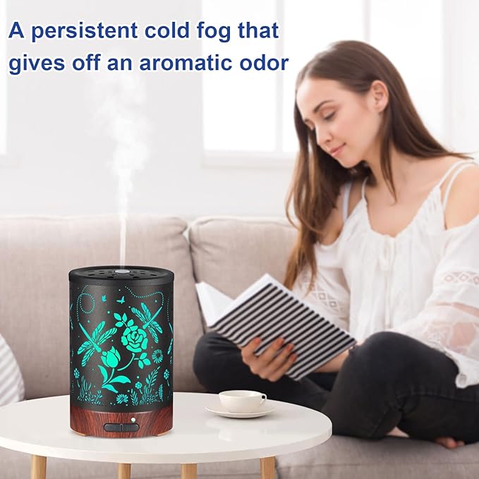 Essential Oil Diffuser- Aromatherapy Diffuser with7 Colors Light and Auto-Off for Women Metal Cool Mist Humidifier for Home and Office for Mom Women(Roses + Dragonflies) - Bloomnest