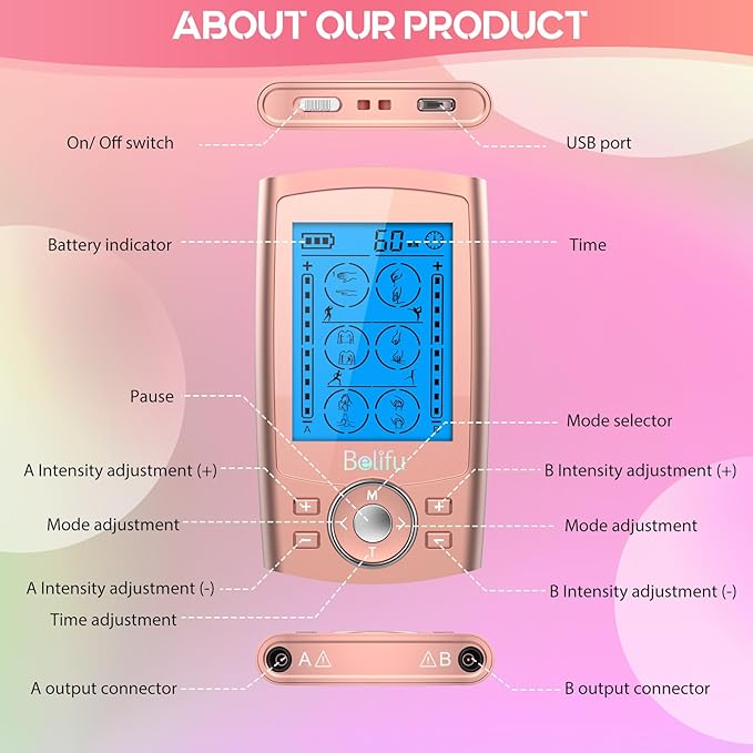 Belifu Dual Channel TENS EMS Unit 24 Modes Muscle Stimulator for Pain Relief Therapy, Electronic Pulse Massager Muscle Massager with 10 Pads, Dust-Proof Drawstring Storage Bag Belifu