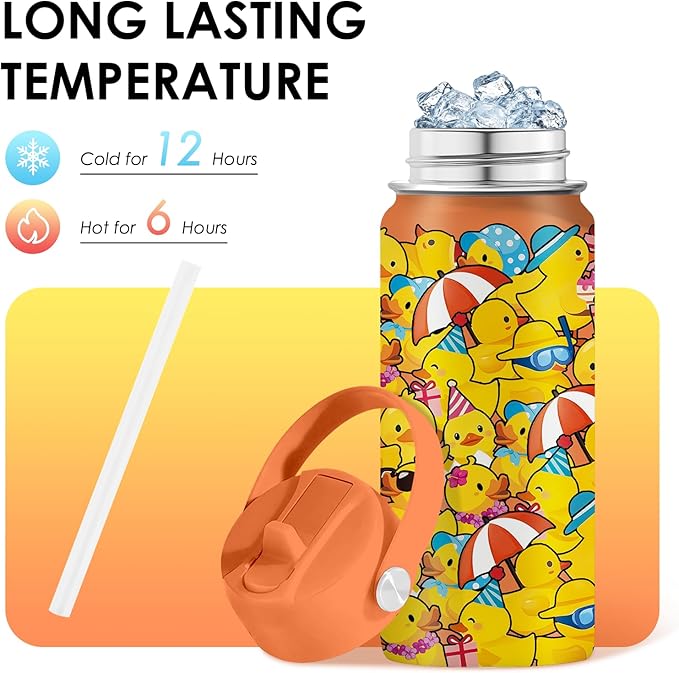Duck Gifts for Boy Girls - 16oz Kids Water Bottle with Straw, Rubber Duck Stainless Steel Water Bottles Insulated, BPA-free, Leak-proof, Cute Cartoon Tumbler for School, Travel, Children Gift Cup(1pc) - Bloomnest