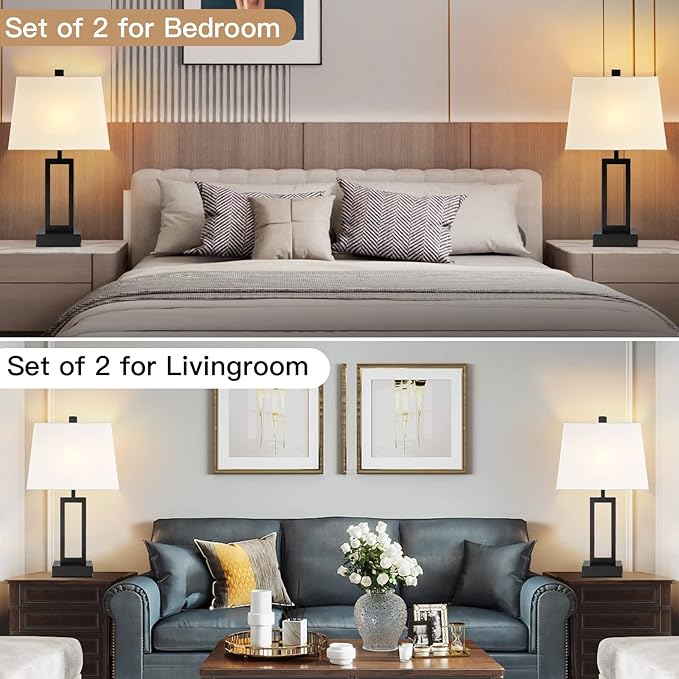 23.5" Touch Control Table Lamps Set of 2, Bedside Lamp with 2 USB Ports & AC Outlet, 3-Way Dimmable Nightstand Lamp with White Linen Shade for Living Room Bedroom End Table Office(2 LED Bulb Included) - Bloomnest