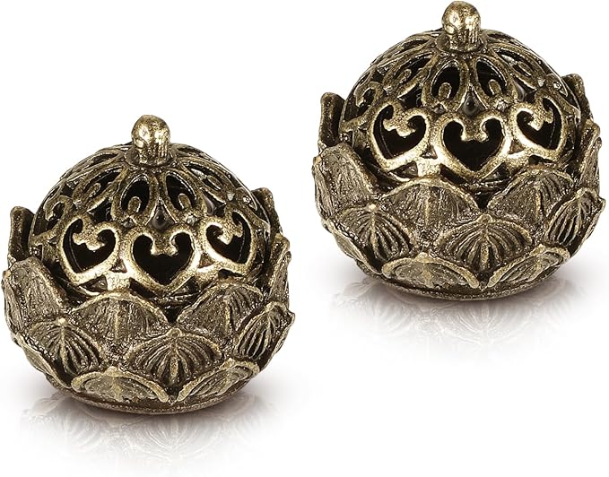 2 Piece Mini Brass Lotus Flower Incense Holder with Lid 1.1 x 1 inches Small Vintage Closed Incense Burner Elegant Desktop Ornament for Home Office Yoga Meditation Spa Teahouse - Bloomnest