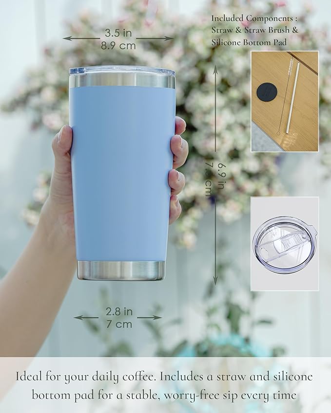 Travel Coffee Tumbler 20oz, 1 Pack Leakproof Travel Coffee Mug with Lid and Straw, Stainless Steel Double Wall Vacuum Insulated Tumbler for Hot/Iced Drinks (Textured Matte, Light Blue) - Bloomnest