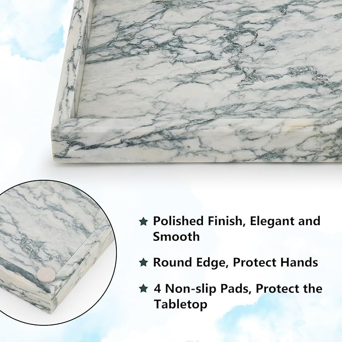 Real Natural Marble Tray for Bathroom, Vanity, Kitchen and Desktop, Rectangle Genuine Marble Stone Tray for Jewelry, Cosmetics, Candles, Lotion, Perfume and Home Decor Cyan Green