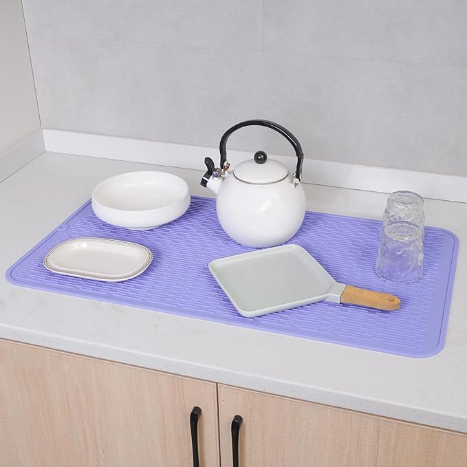 Silicone Dish Drying Mat for Multiple Usage,Easy clean,Eco-friendly,Heat-resistant Silicone Mat for Kitchen Counter or Sink,Refrigerator or Drawer Liner Light Purple 4XL 32 inches x 18 inches - Bloomnest