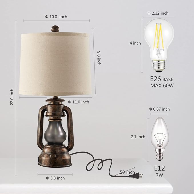 RORIANO Farmhouse Lantern Table Lamps for Living Room Set of 2, Vintage Bedroom Resin Lamp with Dual USB Charging Ports, Rustic Retro Bedside Nightstand Desk Lamp, 4 Bulb Included - Bloomnest