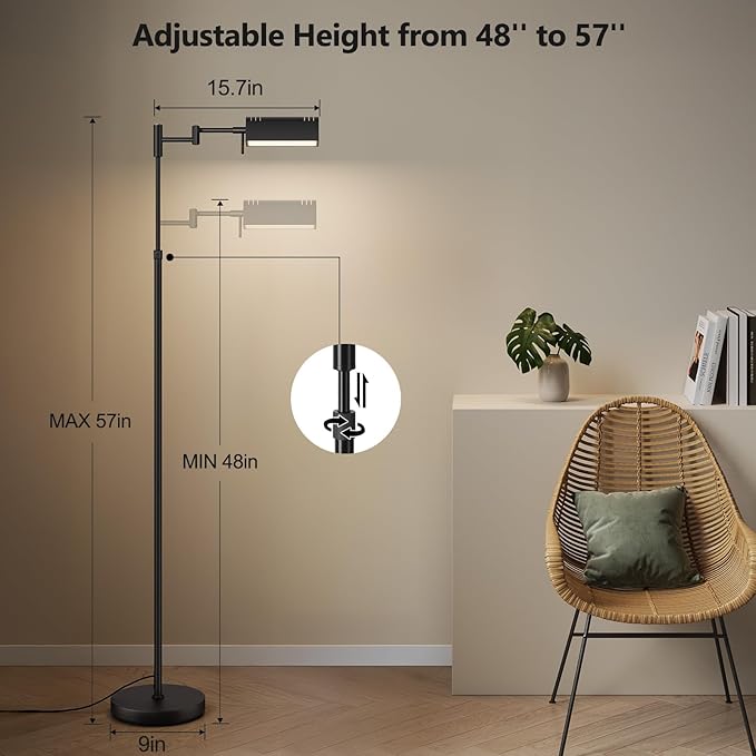 SUNMORY Dimmable LED Pharmacy Floor Lamp, 16W/1500LM Bright Reading Floor Lamp with Remote & Touch Control, 350°Swing Arm, Adjustable Task Craft Standing Lamp for Living Room Bedroom Office, Black - Bloomnest
