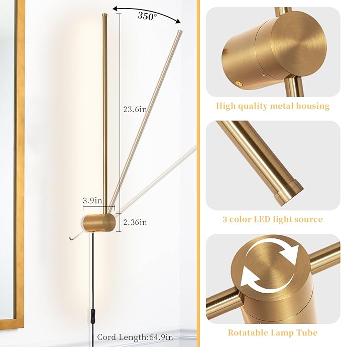 dimmable Modern Plug in Wall Sconce Set of 2, 23.6" Gold Brushed Wall Lights, Indoor Wall lamp Background Lighting with Memory Function, Applicable to Living Room and Bedroom 3000K 4000K 6000K - Bloomnest