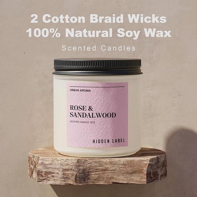 Hidden Label Rose & Sandalwood Scented Candle, 12oz 2 Wick Natural Soy Non Toxic Candles, Clean Burning Long Lasting Aromatherapy for Home | Gifts | Décor,Premium Scents for Relaxation & Stress Relief - Bloomnest
