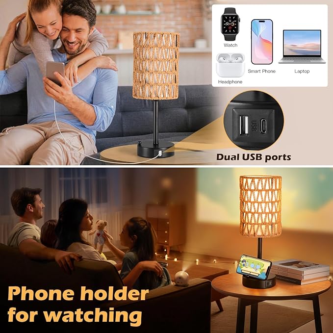 Rattan Table Lamps for Living Room, 3 Way Dimmable Touch Lamps, Small Bedside Lamps with LED Bulbs, Phone Stand, USB Ports and AC Outlet, Boho Nightstand Lamp for Kids Room, Bedroom, Office (2 Pack) - Bloomnest