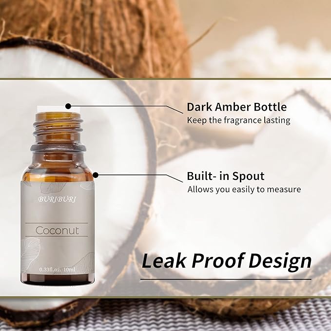 BURIBURI Coconut Essential Oil, Premium Grade Scented Oil 10ml Coconut Fragrance Oil Carrier Oil for Diffusers, Massage, Candle Making Soap Making - Bloomnest