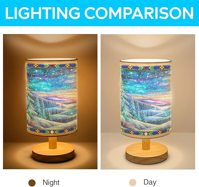 Winter Fores Table Lamp LED 3-Color Pressed Bedside for Merry Christmas, Winter Fores Shade Christmas Table Lamp with Wood Base for Bedroom Living Room Desk Office - Bloomnest