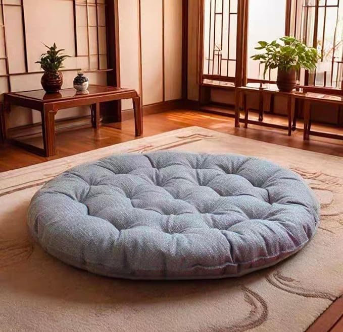 Large Linen Floor Cushions,Round Futon Pillows Japanese Style Tufted Floor Pillows Meditation Cushions for Seating On Pad for Yoga Sofa Balcony(Size:75x75cm(30x30inch),Color:Light Gray) - Bloomnest