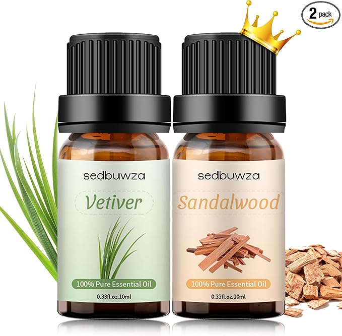 Sedbuwza Sandalwood Vetiver Essential Oil Set, Sandalwood Fragrance Oil Vetiver Scent Oil Set for Diffuser, Aromatherapy, Massage, Soap, Candle Making 2 x 10 ml Sedbuwza