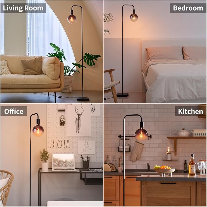 ONEWISH Floor Lamp for Living Room - Minimalist Industrial Standing Lamp with Modern LED Bulb, Globe Black Clear Glass 6", 1800K Warm Ambiant Lighting Decorative Tall Floor Lamp for Bedroom Office - Bloomnest
