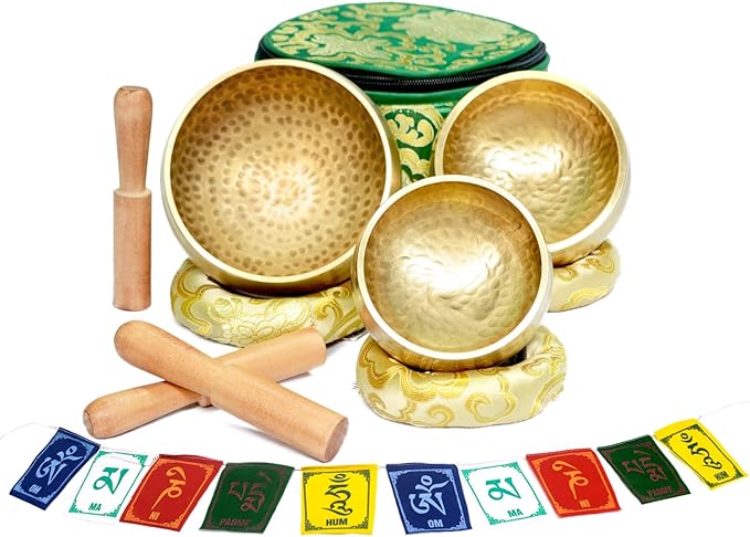 Tibetan Singing Bowl Set of 3 Authentic 7 Metals Meditation Sound Bowl for Yoga, Relaxation, Chakra Bowl, Handmade, Comes with Prayer flag, 3 Wooden Mallet, Silk Cushions, Brocade Box Khusi+Inc