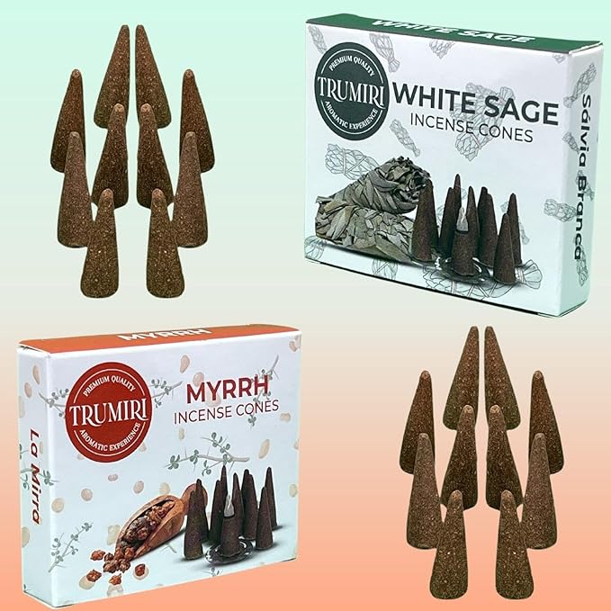 TRUMIRI Incense Cones - Combo Pack of 20 Cone Incense - 10 White Sage + 10 Myrrh TRUMIRI