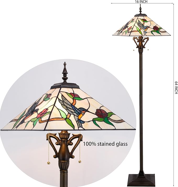 Tiffany Floor Lamp Amber Hummingbird Mission Style Stained Glass Standing Reading Light 16X16X64 Inch - Bloomnest