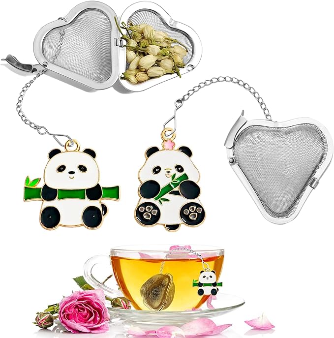 Tea infusers, loose tea strainer, Heart shaped tea ball + cute animal pendant, reusable tea steeper makes afternoon tea meaningful (Panda, 2PCS) - Bloomnest