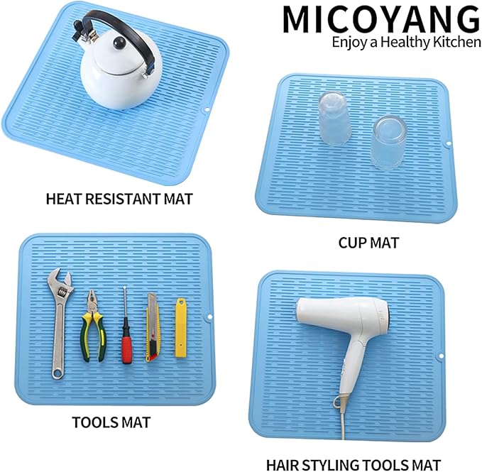 Silicone Dish Drying Mat for Multiple Usage,Easy clean,Eco-friendly,Heat-resistant Silicone Mat for Kitchen Counter or Sink,Refrigerator or Drawer Liner Light Blue 2XL 24 inches x 18 inches - Bloomnest