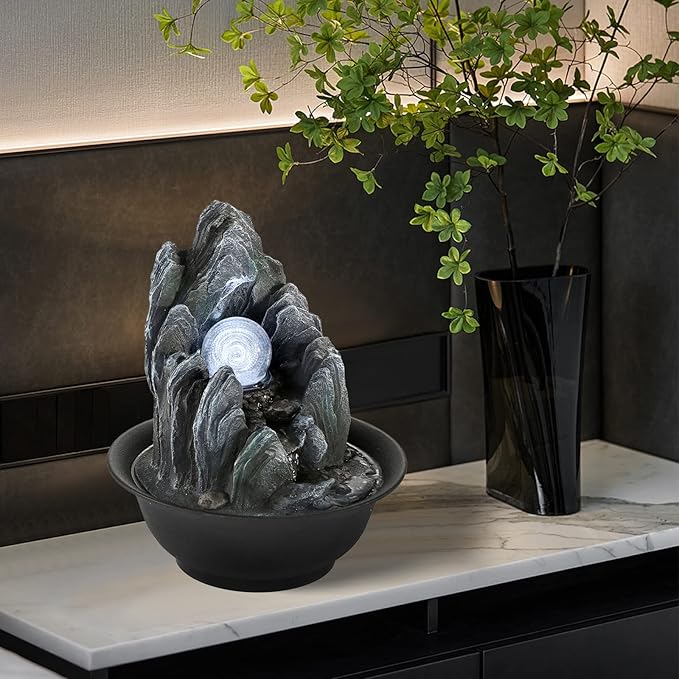 WICHEMI Water Fountains Indoor Waterfall Fountain Tabletop Fountain with LED Rolling Ball Stacked Rocks Indoor Water Feature Zen Meditation for Home and Office Indoor Spaces Decor (Style 19)