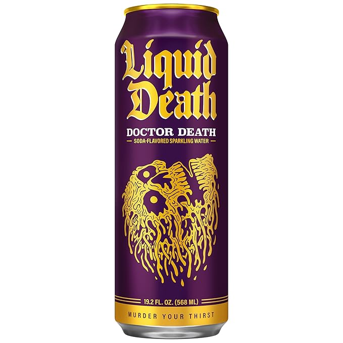 Liquid Death Soda-Flavored Sparkling Water - Doctor Death (Cherry, Cream, Spice), Less Sugar*, Huge Flavor, No Caffeine, No Artificial Sweeteners, King Size 19.2 Fl Oz (Pack of 12) - Bloomnest