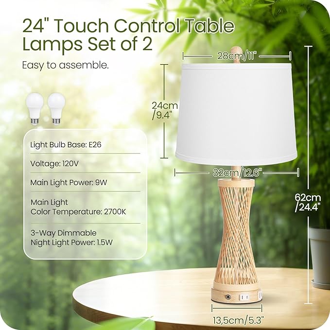 24.4”Farmhouse Rattan Table Lamps Set of 2, Touch Bedside Lamps for Bedroom with 3-Way Dimmable Night Light, USB A+C Charging Ports, Bamboo Boho Nightstand Lamps, White, W04TC05 - Bloomnest
