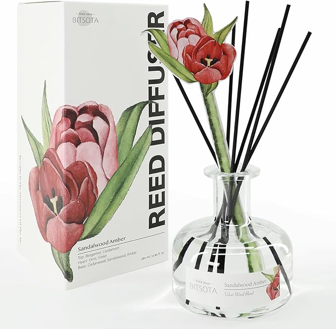 Reed Diffuser Set, 9.85 oz Sandalwood Amber Scented Diffuser with Decorative Card Home Fragrance Reed Diffuser for Bathroom Shelf Decor, Ideal Gift for Woman