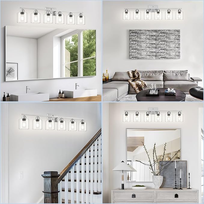 Modern Brushed Nickel 6 Light 38 inch Vanity Lights for Bathroom with Clear Glass, Vanity Light for Mirror Kitchen Living Room Hallway Cabinet Porch - Bloomnest