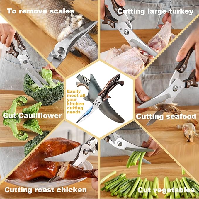 ANDONG Kitchen Scissors, Heavy Duty Professional Poultry Shears, Stainless Steel Spring Loaded, Dishwasher Safe, with Black Leather Sheath - Bloomnest