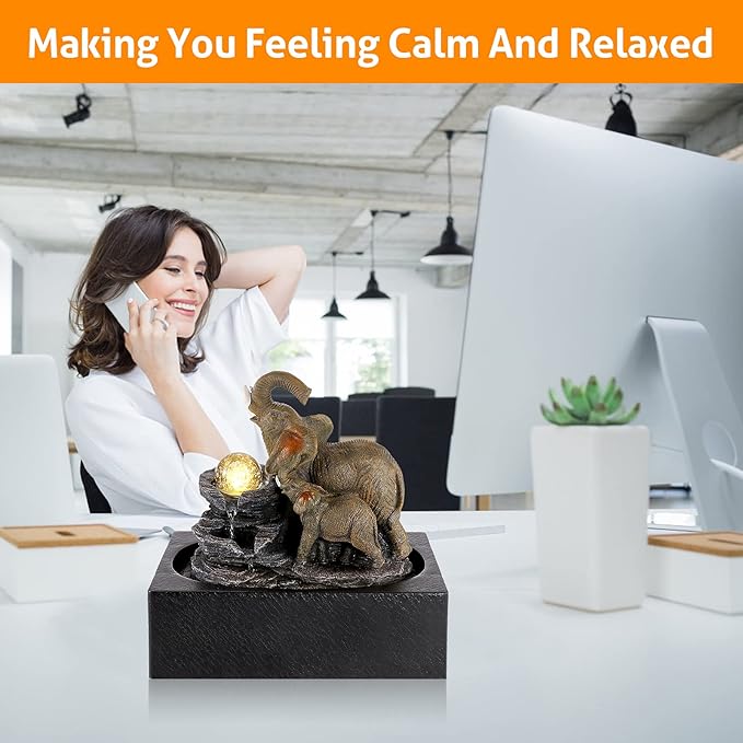 WICHEMI Water Fountains Indoor Waterfall Fountain Tabletop Fountain Water Feature Indoor Zen Garden Elephant Fountain with LED Warm Light for Home and Office Indoor Spaces Decor