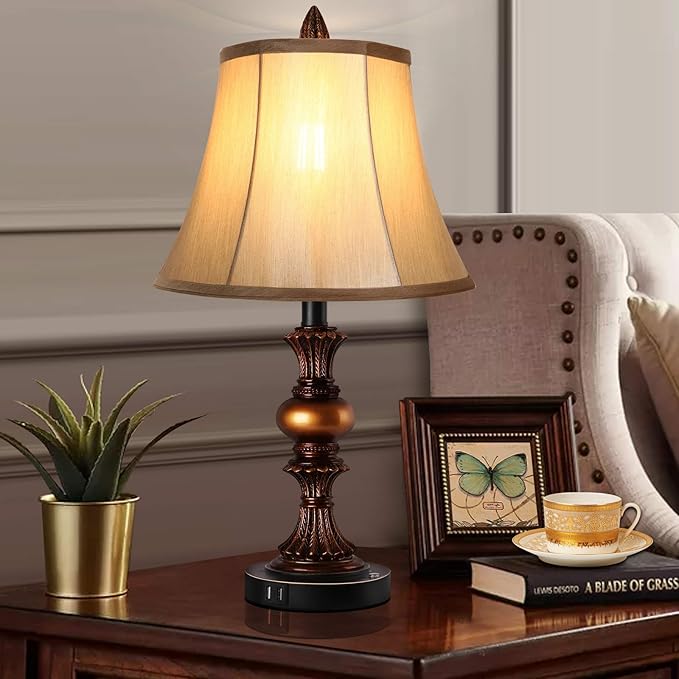 Touch Control Traditional Table Lamp Set of 2, Vintage Bedside Lamps with Dual USB Charging Ports, 3-Way Dimmable Bronze Finish Desk Lamps with Bell Shape Faux Silk Shade for Living Room, Bedroom - Bloomnest