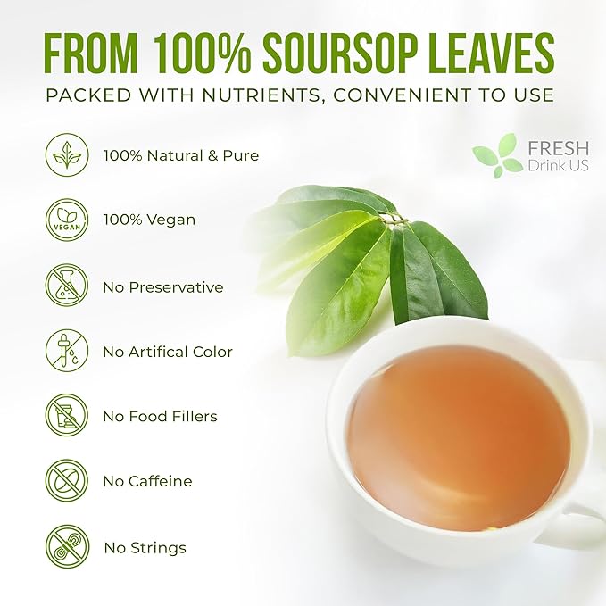 FreshDrinkUS, Premium Soursop Graviola Leaf Tea | 45 Tea Bags form Powder, 100% Natural and Pure, Handmade, Made With Natural Materials-Corn Fiber Tea Bag, Sugar/Caffeine Free, Hoja Guanabana Tea - Bloomnest
