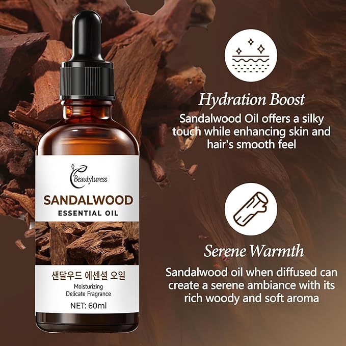 Sandalwood Essential Oil – Natural Premium Grade Aromatherapy Oil, Skin Care – Undiluted Therapeutic Oil with Dropper, 60ml Amber Glass Bottle OKADY