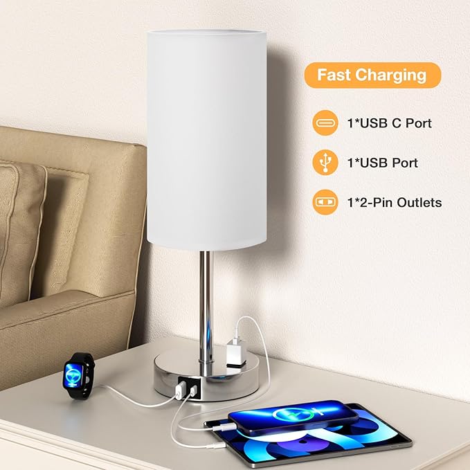 17.4Inch Bedside Touch Table Lamps for Bedroom - Tall Nightstand Lamp with USB-C USB-A Charging Ports White - 3 Way Dimmable Small Desk Lamp for Office, Dorm Room, Living Room, Reading - Bloomnest