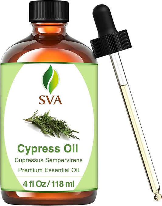 SVA Cypress Essential Oil – 4 Fl Oz – 100% Natural Cypress Oil - for Diffuser, Hair Care, Face, Skin Care, Aromatherapy, Scalp and Body Massage, Soap and Candle Making – with Dropper - Bloomnest