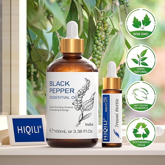 HIQILI Black Pepper Essential Oil for Aromatherapy & Diffuser - Natural Spicy & Warming Scent - Therapeutic Grade - 3.38 Fl Oz - Bloomnest
