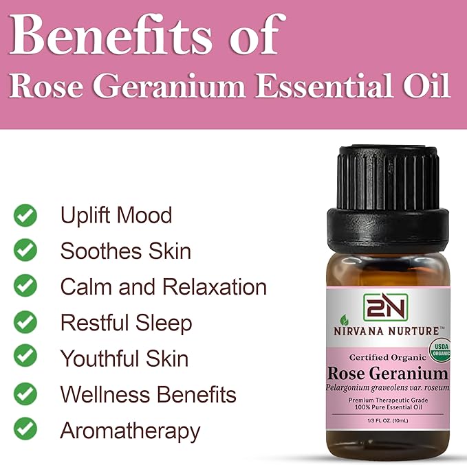 Rose Geranium Essential Oil, USDA Certified Organic, 100% Pure Undiluted, Aromatherapy Oil for Diffuser, Hair & Skin Care NirvanaNurture