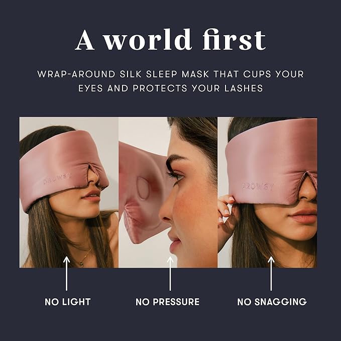 DROWSY Eyelash Protecting Silk Sleep Mask for Natural Lashes & Extensions. Deep Eye Cups, Zero Pressure, Total Blackout, Full Wraparound (Damask Rose)