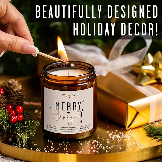 Christmas Candles Scented – ‘Merry & Bright’ Soy Christmas Candle, w/Cranberries, Cinnamon & Orange - Infused with Essential Oils I Holiday Candles I 9oz, 50Hr, Made in USA - Bloomnest