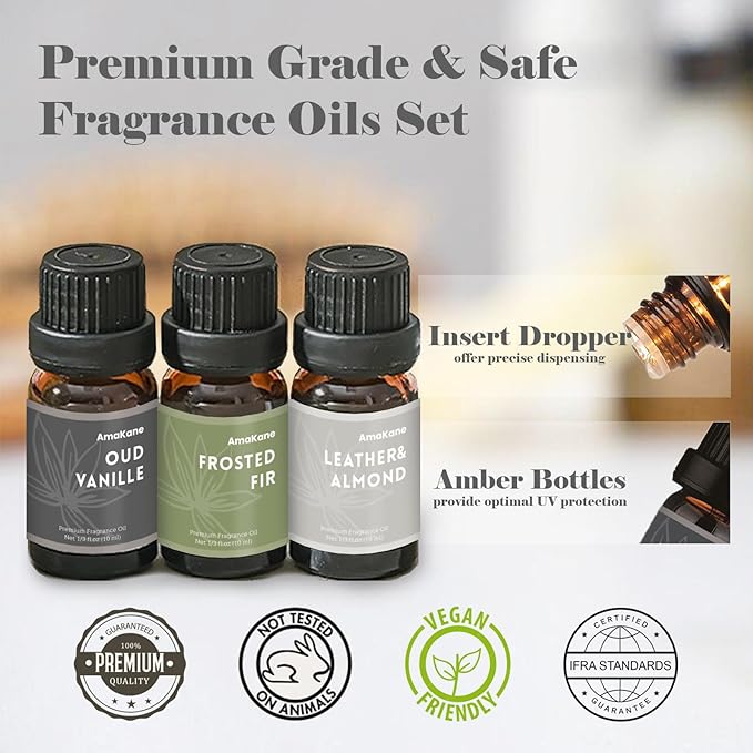 AmaKane Winter Fragrance Oil, Holiday Diffuser Oil Scents, Candle Scents for Candle Making, Soap Making Scents, Oud Vanille, Frosted Fir, Leather Almond and More Essential Oils 6x10ml AmaKane